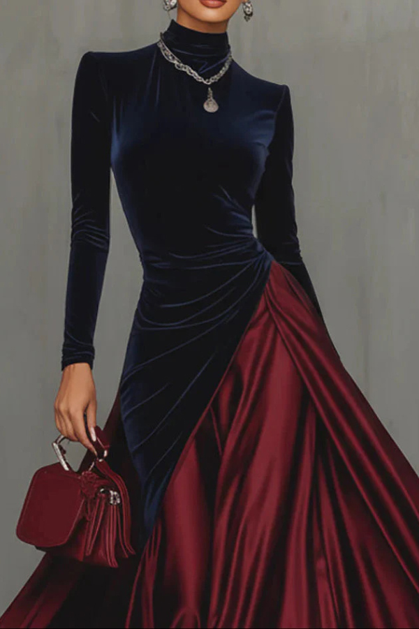 Velvet Color-blocked Casual High-neck Long-sleeved Slim-fit Maxi Dress