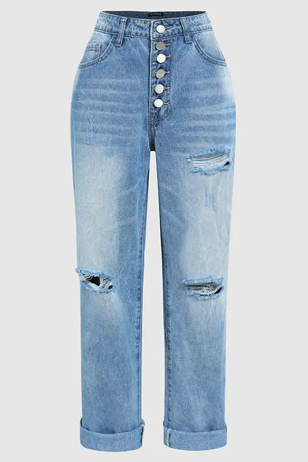 Stylish Ripped Low-rise Button Pocket Baggy Straight-leg Jeans-consonak