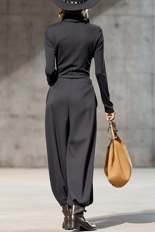 Solid Color Zip-up Long-sleeved Top and Casual Pocket Wide-leg Pants Set-consonak