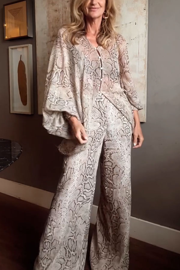 Iselle Animal Print Button Up Batwing Sleeve Shirt and Elastic Waist Wide Leg Pants Set | Consonak