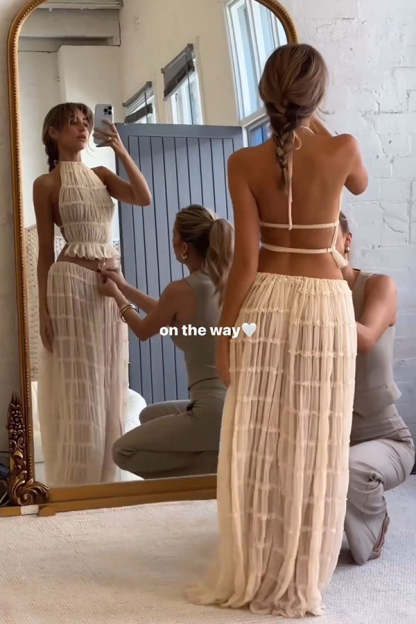 Versatility and Vintage Charm Pleated Drawstring Waist Tiered Maxi Skirt-consonak