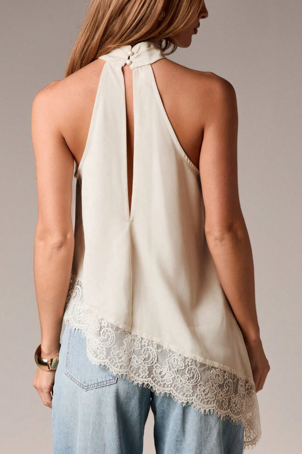 Solid Color Satin Sleeveless Lace Hem Loose Top