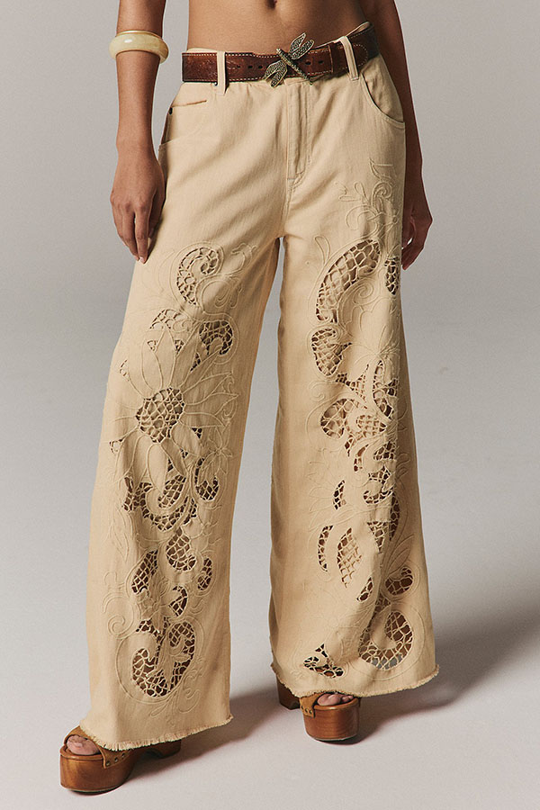 Battenburg Inspired Cutwork Detail Mid Rise Pocket Wide Leg Jeans