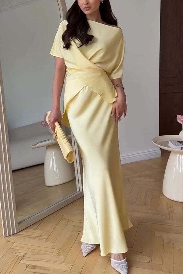 Secret of Elegance Satin Slit Back Lace-up Top and Elastic Waist Flare Maxi Skirt Set-consonak