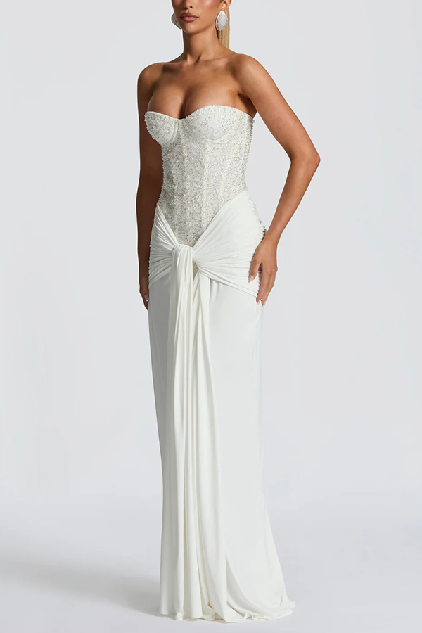 Carina Sequined and Satin Jersey Off Shoulder Ruched Knot Drape Maxi Dress | Consonak