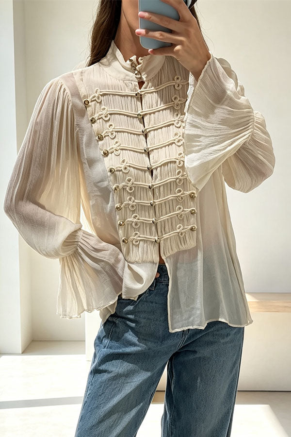 French Romantic Metal Button-down Pleated Ruffle Sleeve Napoleon Shirt-Consonak