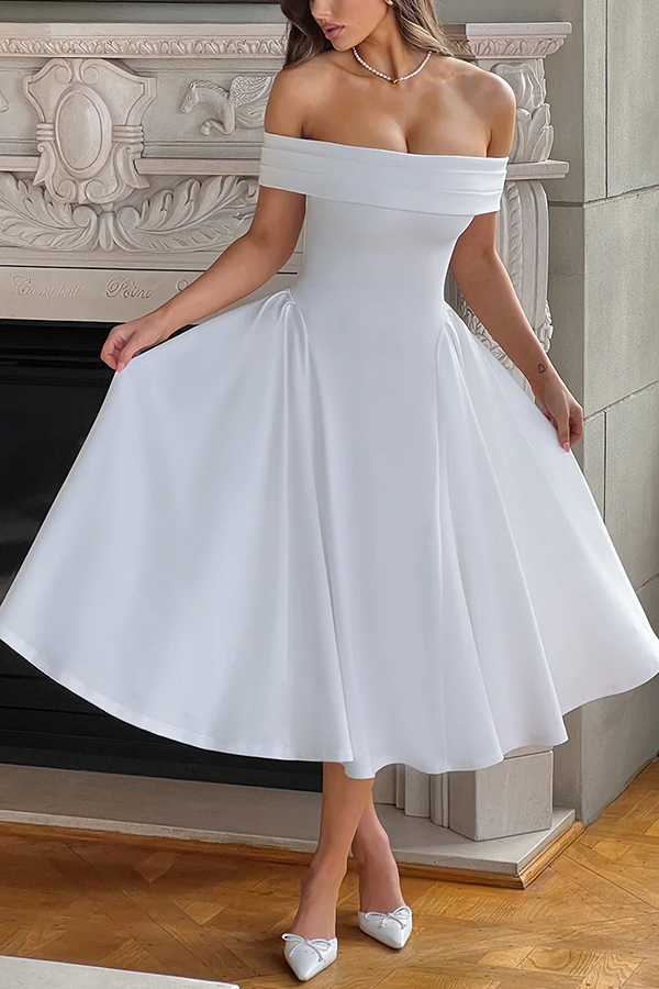 Princess Temperament Batdot Neck Pleat Detail Midi Dress-consonak