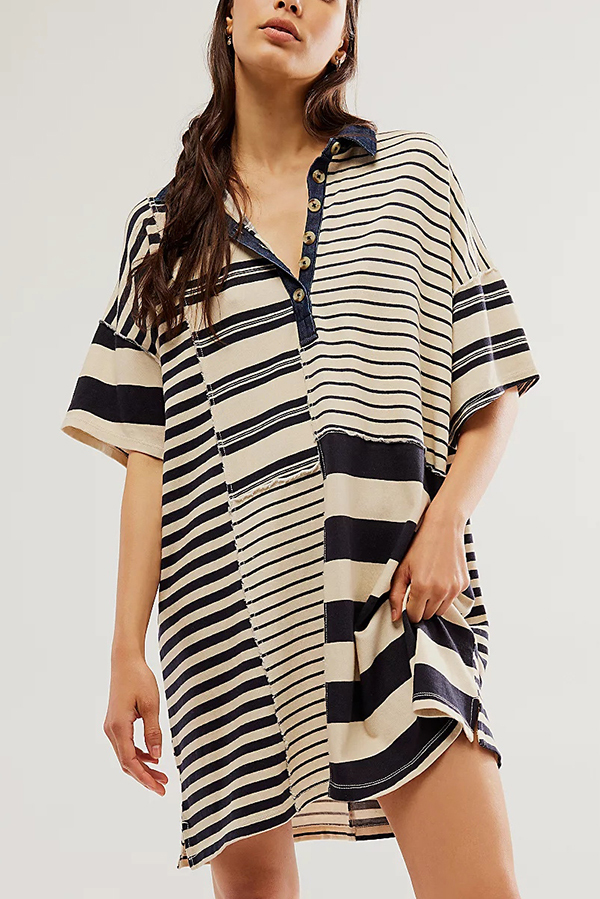 Contrast Striped Patchwork Denim Lapel Loose Casual Mini Dress-consonak