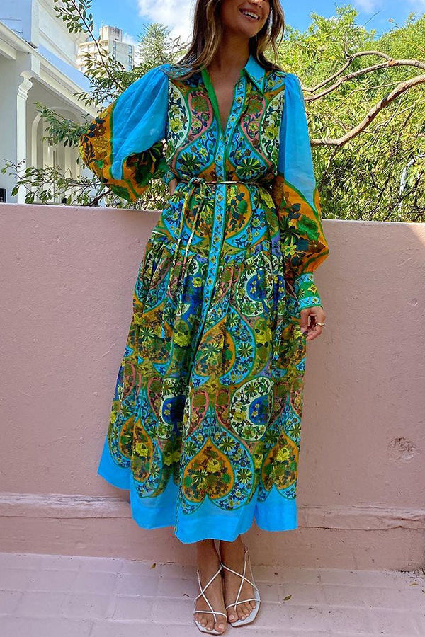 Feeling Butterflies Multi Unique Print Balloon Sleeve Belt Shirt Midi Dress-consonak