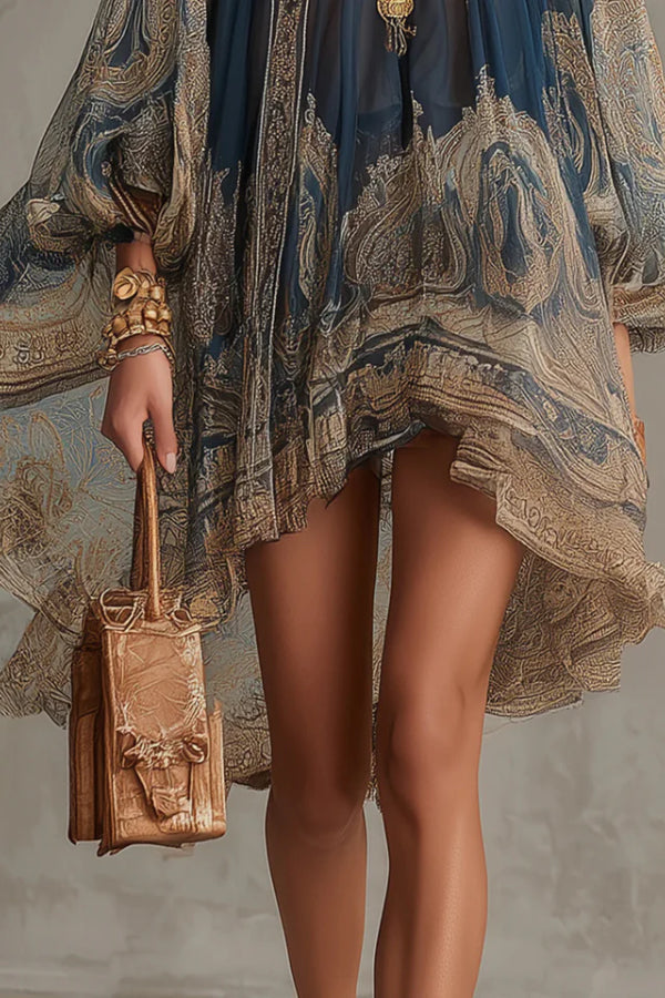 Baroque Print High-neck Irregular Chiffon Mini Dress-Consonak