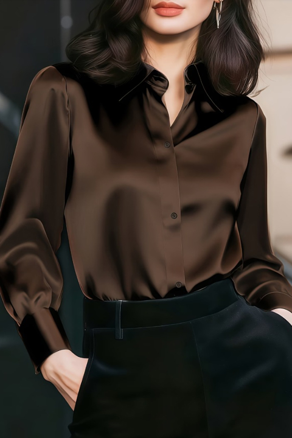Solid Color Collared Long-sleeved Casual Button-down Shirt-consonak