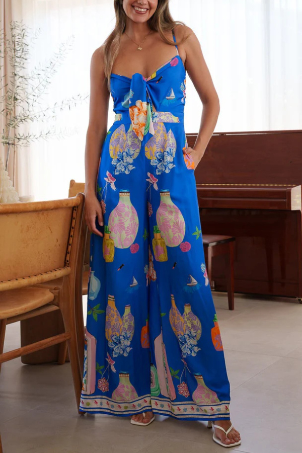 Unique Printed Sleeveless Spaghetti Strap Casual Vacation Loose Wide-Leg Jumpsuit