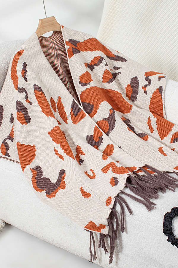 Fashionable Leopard Print Contrast Tassel Hem Loose Knitted Shawl-consonak