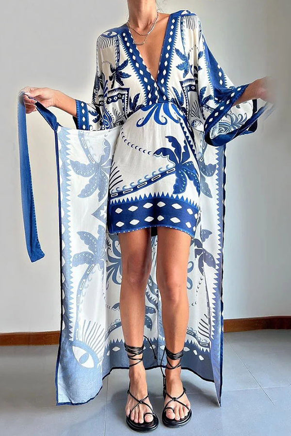 Chic Palm Tree Ethnic Print Fake Two Piece Lace Up Maxi Dress-consonak