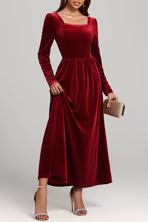 Solid Color Velvet Square Neck Long Sleeve Elegant Maxi Dress-consonak
