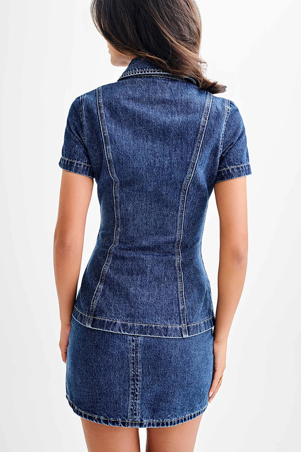 Modern Flavor Denim Short Sleeve Button Up Princess Seams Stretch Top | Consonak