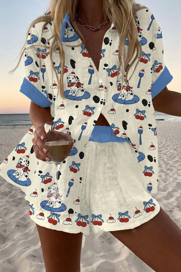 Dalmatian Print Loose Button Elastic Waist Shorts Set