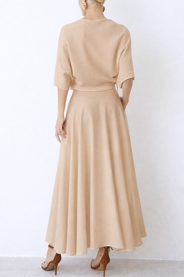 Modern and Elegant Satin Half Wide Sleeve Wrap Style Pocket Slit Loose Maxi Dress-consonak