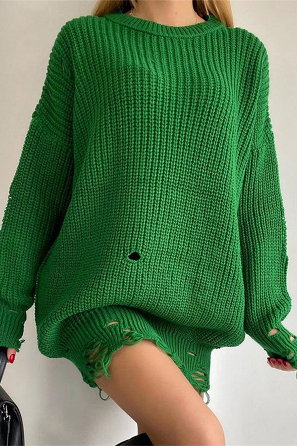 Solid Color Loose Ripped Knitted Mid-length Sweater-consonak