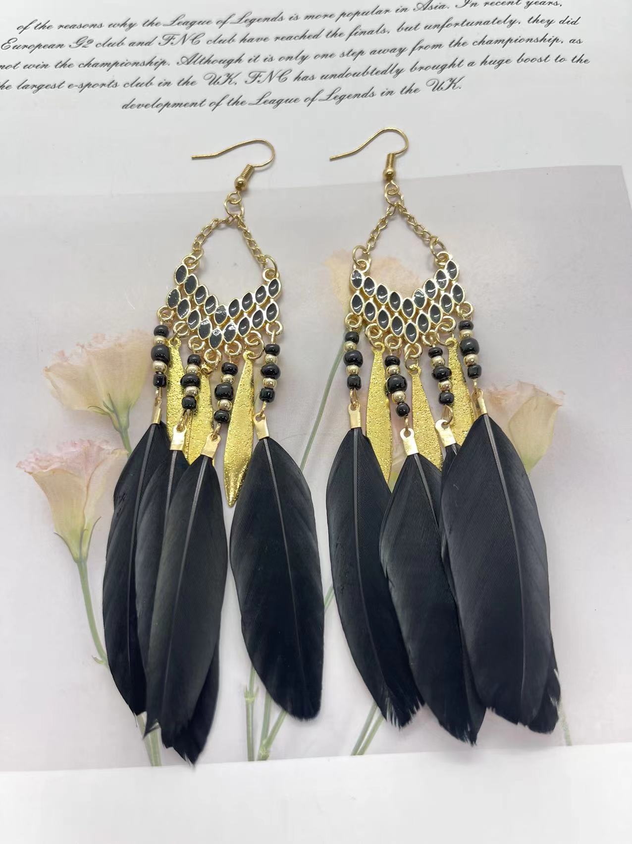 Vintage chain tassel bohemian feather earrings-consonak