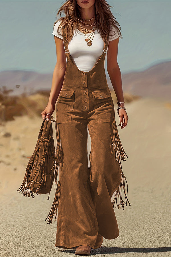 Stylish Suede Tassel Button Pocket Casual Wide-leg Overalls-consonak