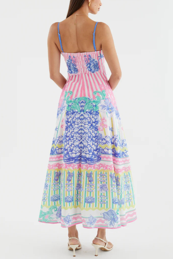 Unique Print Spaghetti Strap Square Neck Fitted Waist Elegant Maxi Dress