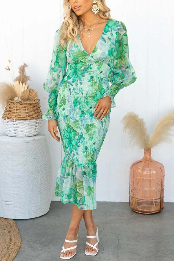 Garden Gathering Floral Smocked Waist Midi Dress-consonak