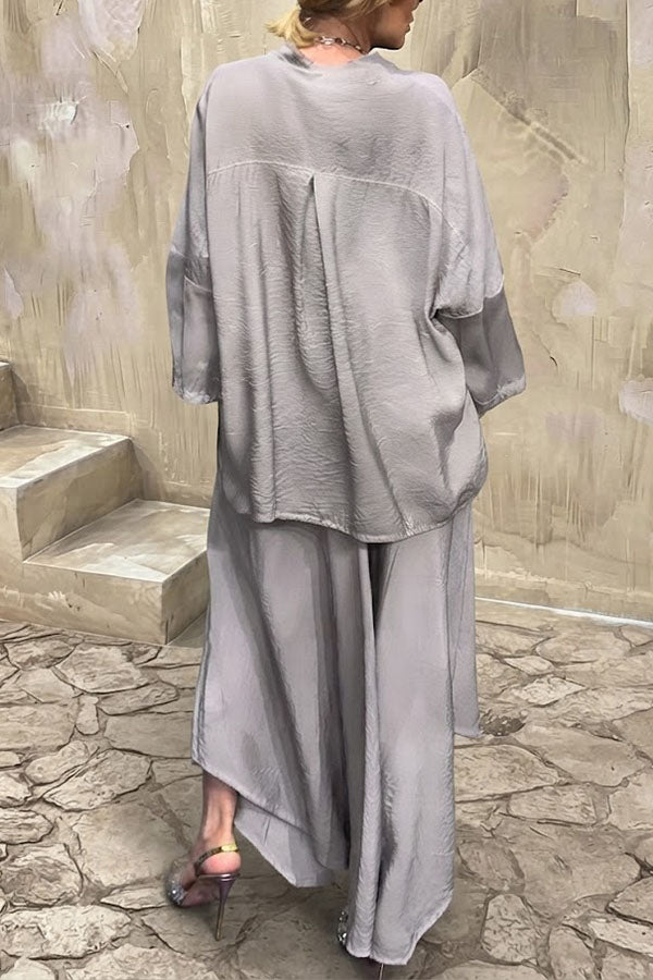 Melissa V-neck Sheer Batwing Sleeve Loose Blouse and Elastic Waist Pocketed Bell Hem Pants Set-Consonak