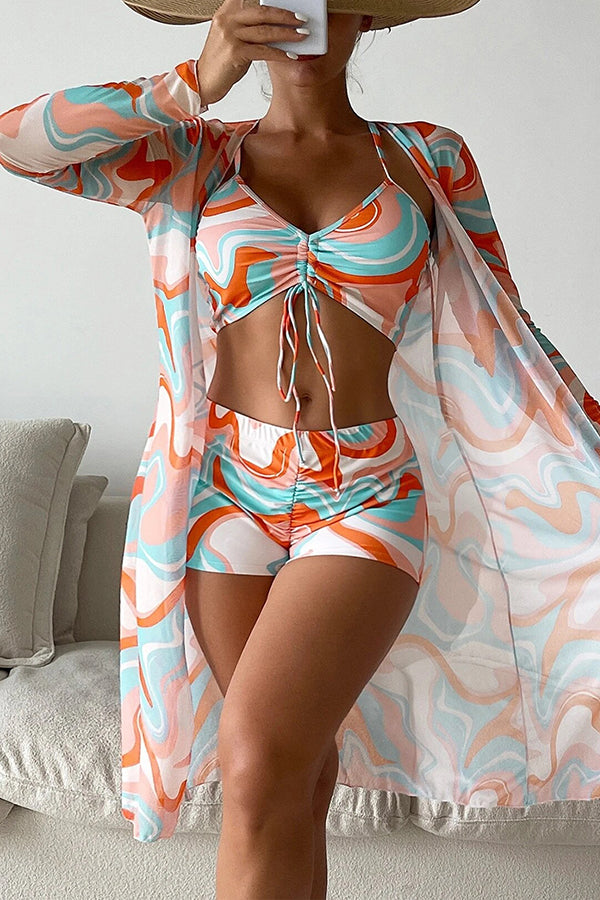 Unique Printed Paneled Lace Up Pleated Three Pieces Swimsuit Set-consonak