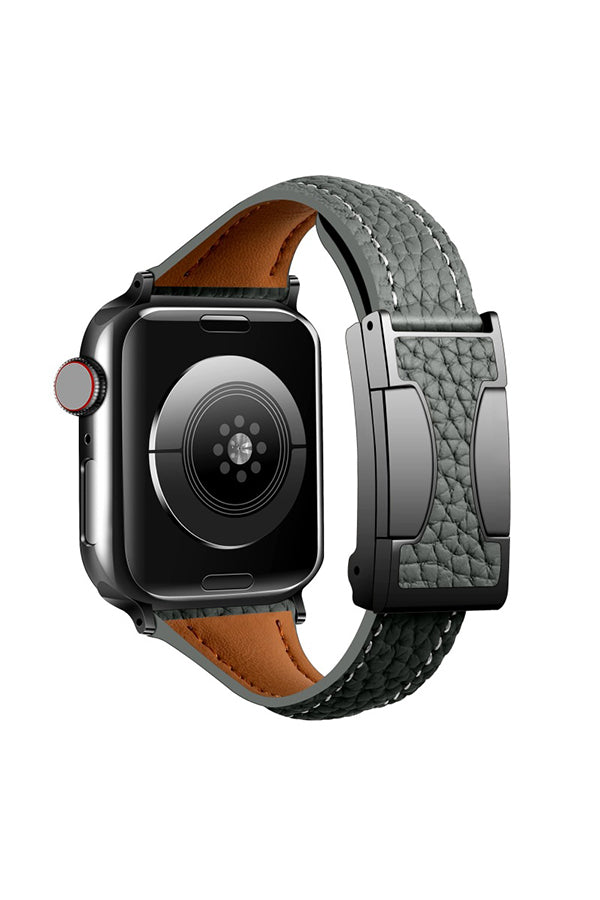Fashionable Genuine Leather Lychee Pattern Double C Magnetic Buckle Watch Strap-consonak
