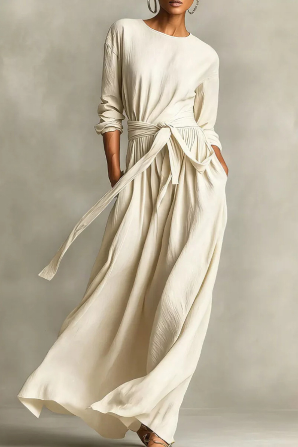 Linen Blend Round Neck Long Sleeve Waist Tie Casual Pocket Maxi Dress