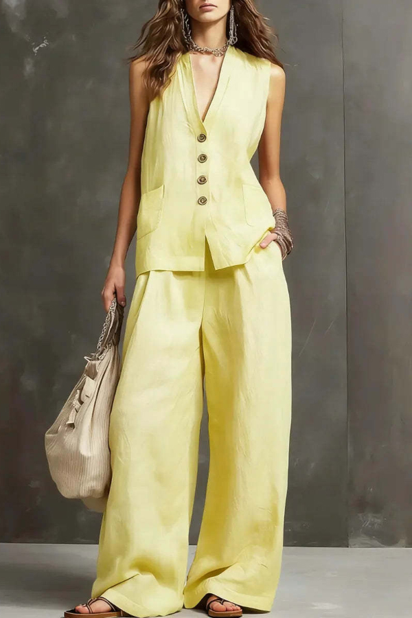 Linen Blend V-neck Sleeveless Button-down Vest and Casual Elastic Waist Pocket Wide-leg Pants Set-Consonak