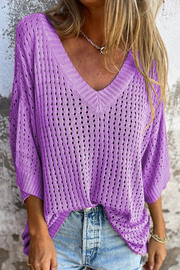 Fashionable Hollow V-neck Long-sleeved Casual Loose Knitted Top-consonak