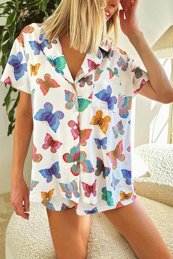 Summer Adventures Unique Print Pocket Loose Shirt and Elastic Waist Shorts PJ / Vacay Set-consonak