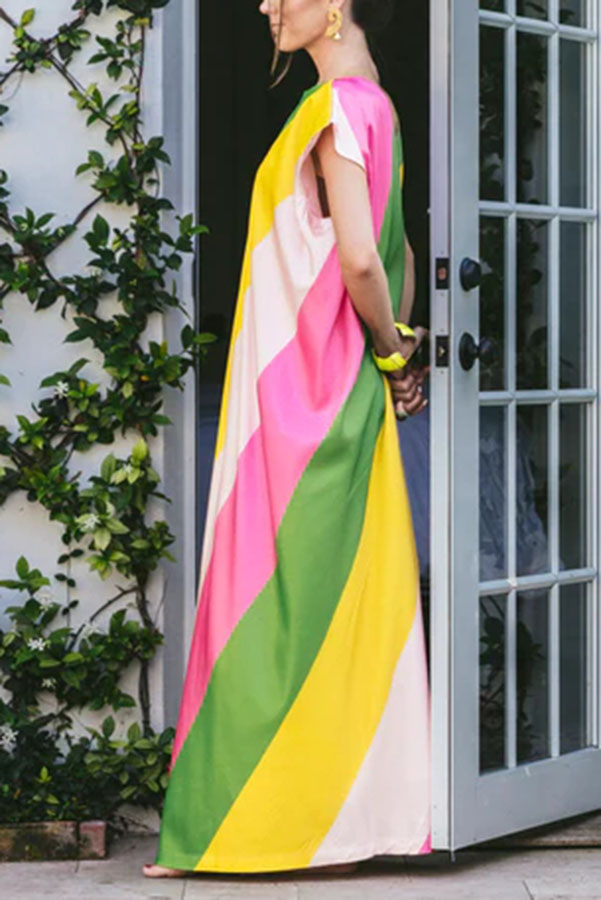 Vintage Summer Chic Satin Bold Striped Short Sleeve Loose Maxi Dress-consonak