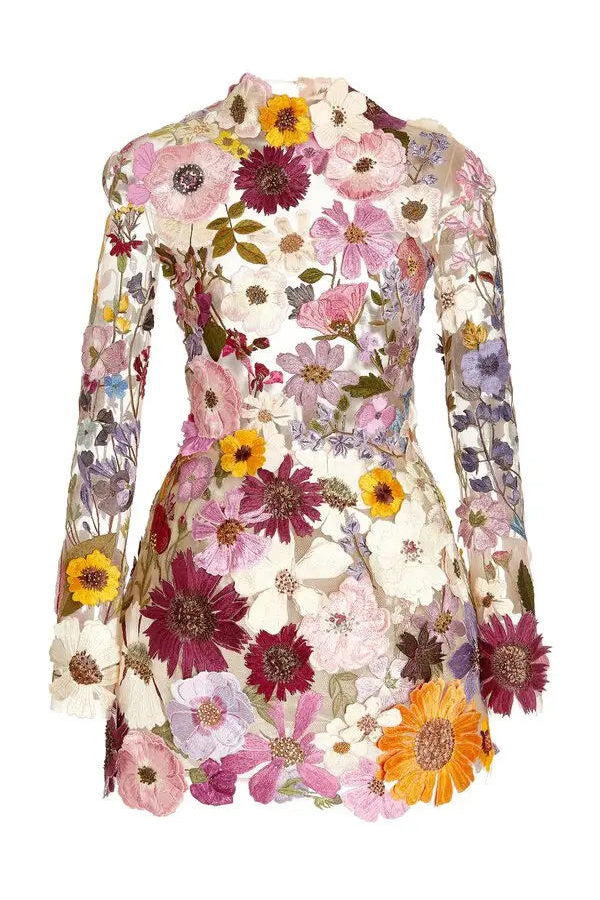 Elegantly Enchanted Floral Applique Backless Long Sleeve Mini Dress-consonak