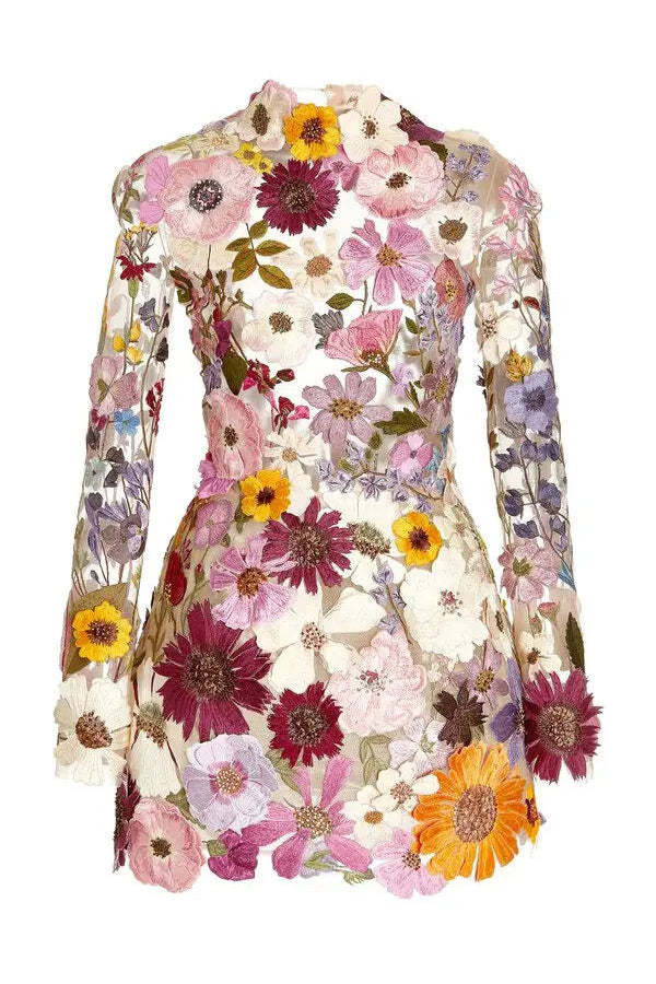 Elegantly Enchanted Floral Applique Backless Long Sleeve Mini Dress-consonak