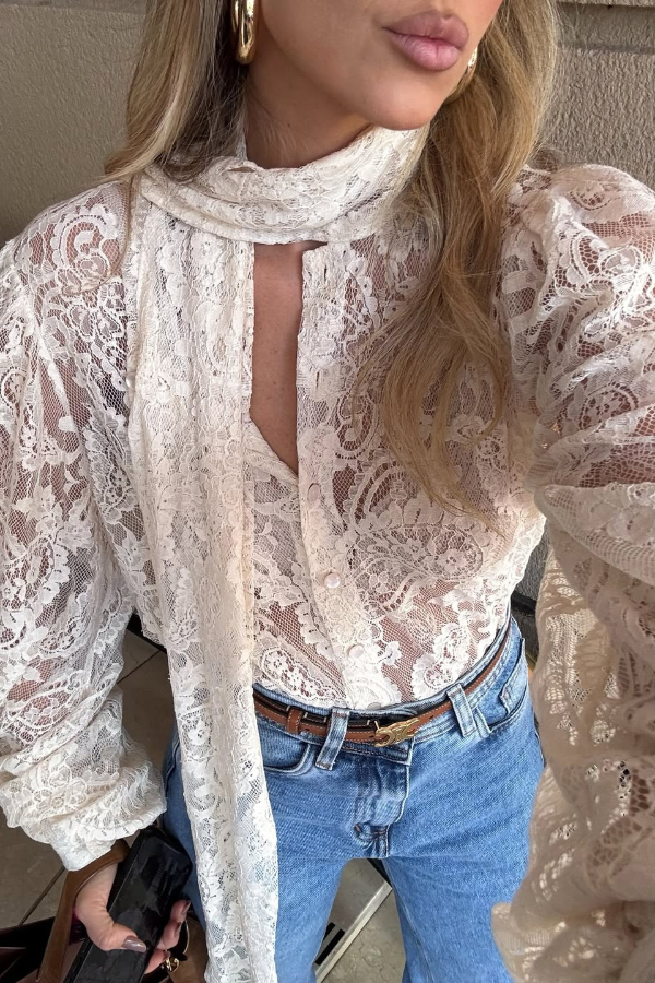 Solid Color Sheer Lace Elegant Ribbon Long-sleeved Shirt