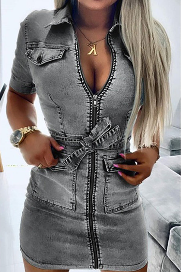 Tie Waist Zipped Pocket Denim Mini Dress-consonak