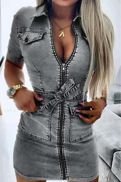Tie Waist Zipped Pocket Denim Mini Dress-consonak