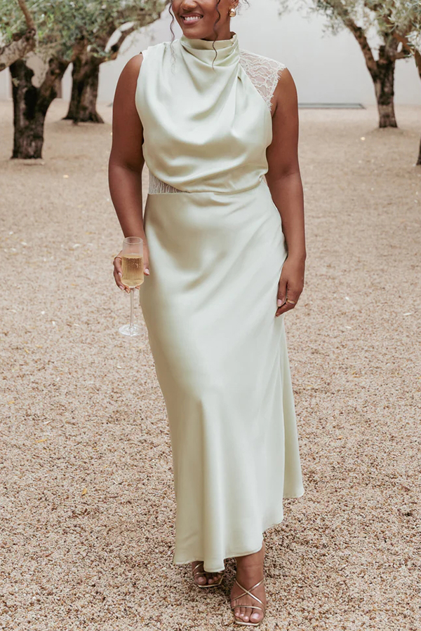Touch of Allure Satin Drape High Neck Lace Detail Maxi Dress
