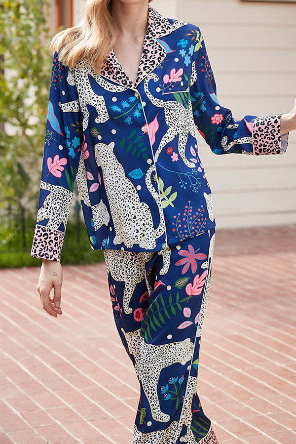 Blue Snow Leopard Printed Home Long Sleeve Two Piece Set-consonak