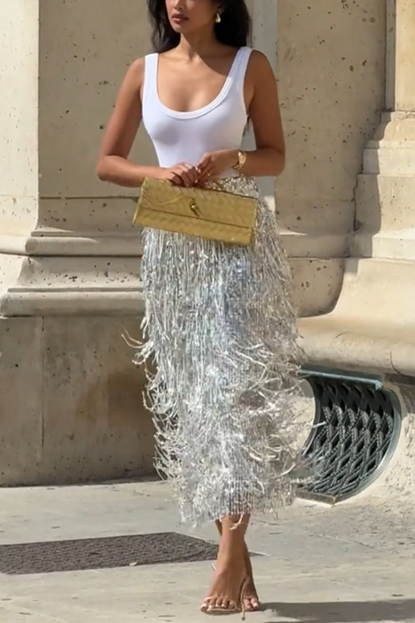 Evening Charm Layered Sequined Tassels High Rise Back Zipper Slit Midi Skirt | Consonak