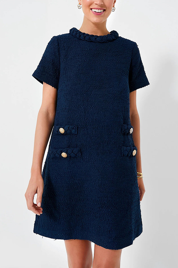 Confident and Chic Tweed Fabric Braided Trim Vintage Button Shift Mini Dress-consonak