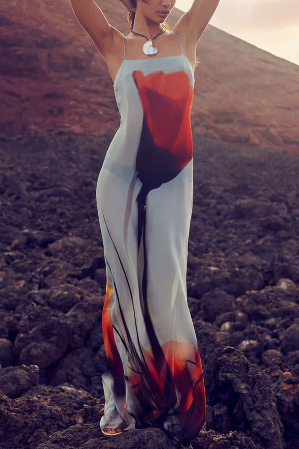 Passionate wine glass flower abstract tulip print H-shaped casual long dress-consonak