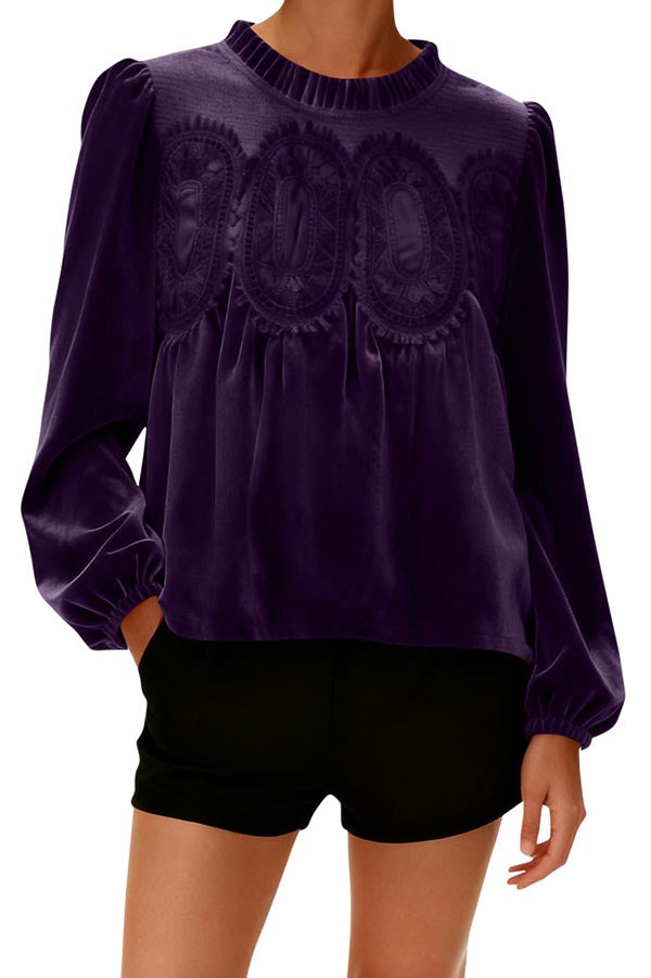 Fashionable Velvet and Lace Patchwork Loose Long-sleeved Top-consonak