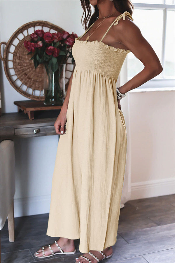 Elegant Solid Color High Waist Linen Blend Suspender Pleated Jumpsuit-consonak