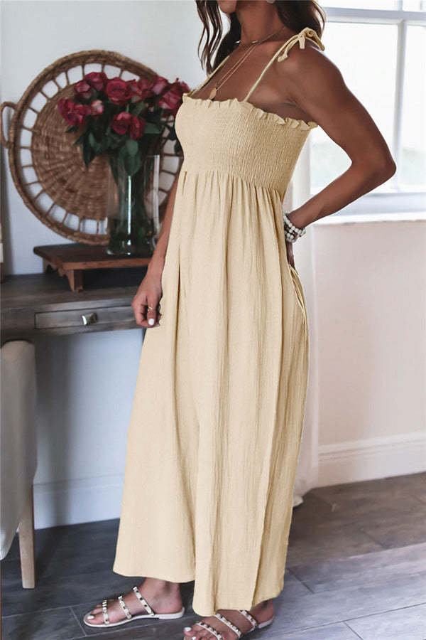 Elegant Solid Color High Waist Linen Blend Suspender Pleated Jumpsuit-consonak