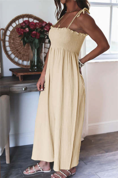 Elegant Solid Color High Waist Linen Blend Suspender Pleated Jumpsuit-consonak