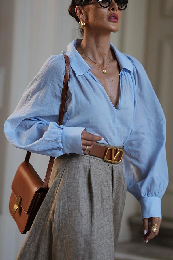 All Round Comfort Linen Blend V-neck Balloon Sleeve Loose Blouse-consonak